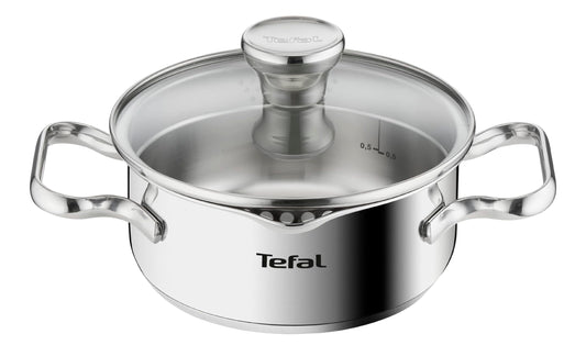 Tefal Duetto pot A70542 | 16 cm | Induction compatible | Easy to clean | Measuring scale | Glass lid for pouring off | Stainless steel