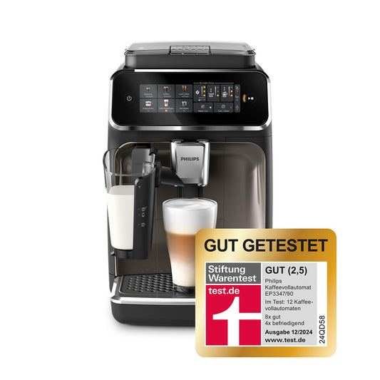 Philips 3300 Series Coffee Maker - 6 drinks, Modern color touchscreen display, LatteGo milk system, SilentBrew, 100% ceramic grinder, AquaClean filter. Blackchrome (EP3347/90)