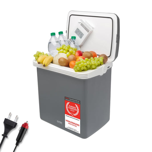 First Austria TZS - 32L electric cooler box with 12V 230V connection for car & socket - Thermoelectric cool box cools & warms - Mini fridge with handle - For camping, festivals, travel - Grey