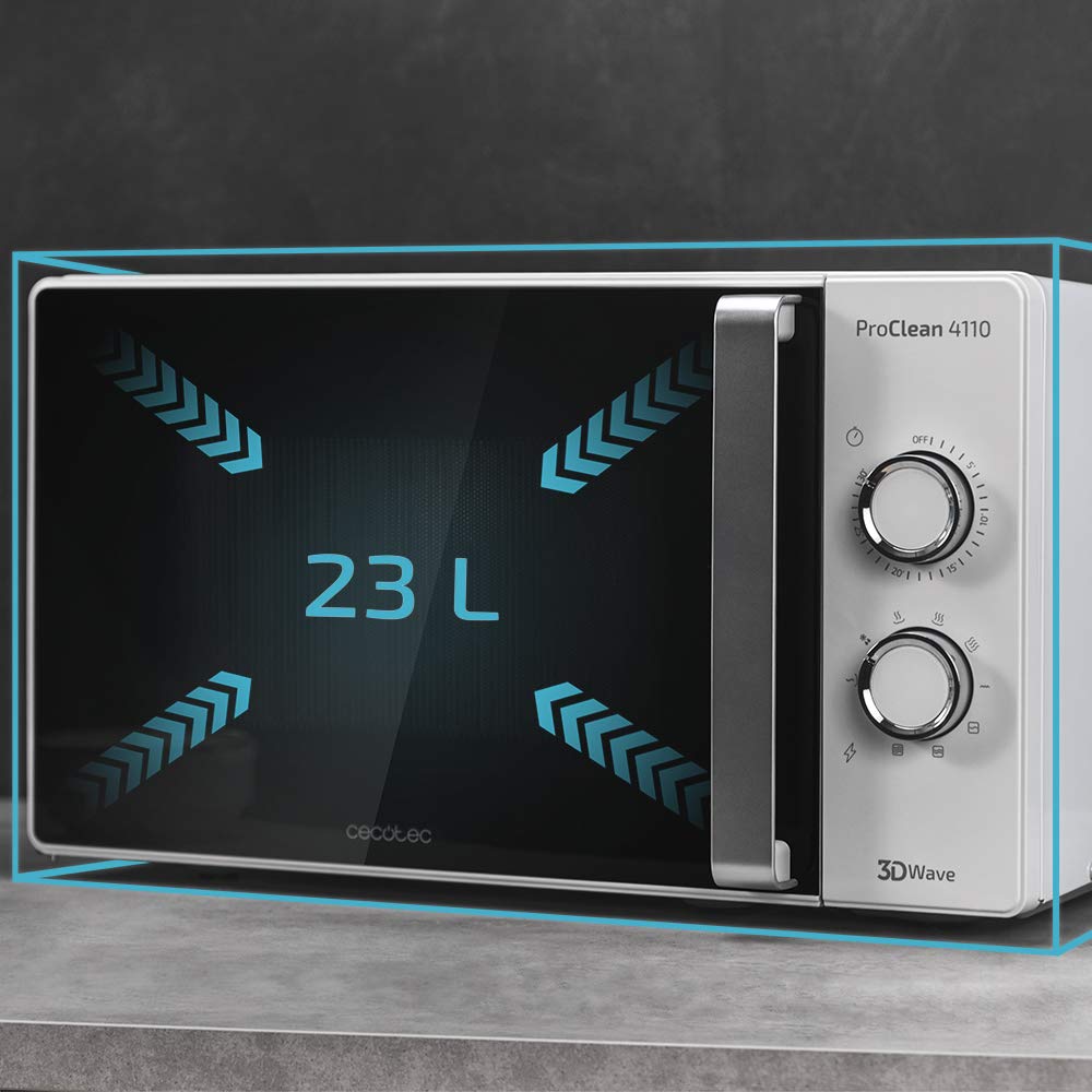 Cecotec Microwave with Grill ProClean 4110. 700W power, 800W grill, 23L capacity, Ready2Clean coating, 3D Wave Technology, 30-minute timer, Full Crystal Door.