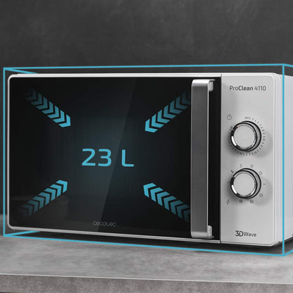 Cecotec Microwave with Grill ProClean 4110. 700W power, 800W grill, 23L capacity, Ready2Clean coating, 3D Wave Technology, 30-minute timer, Full Crystal Door.