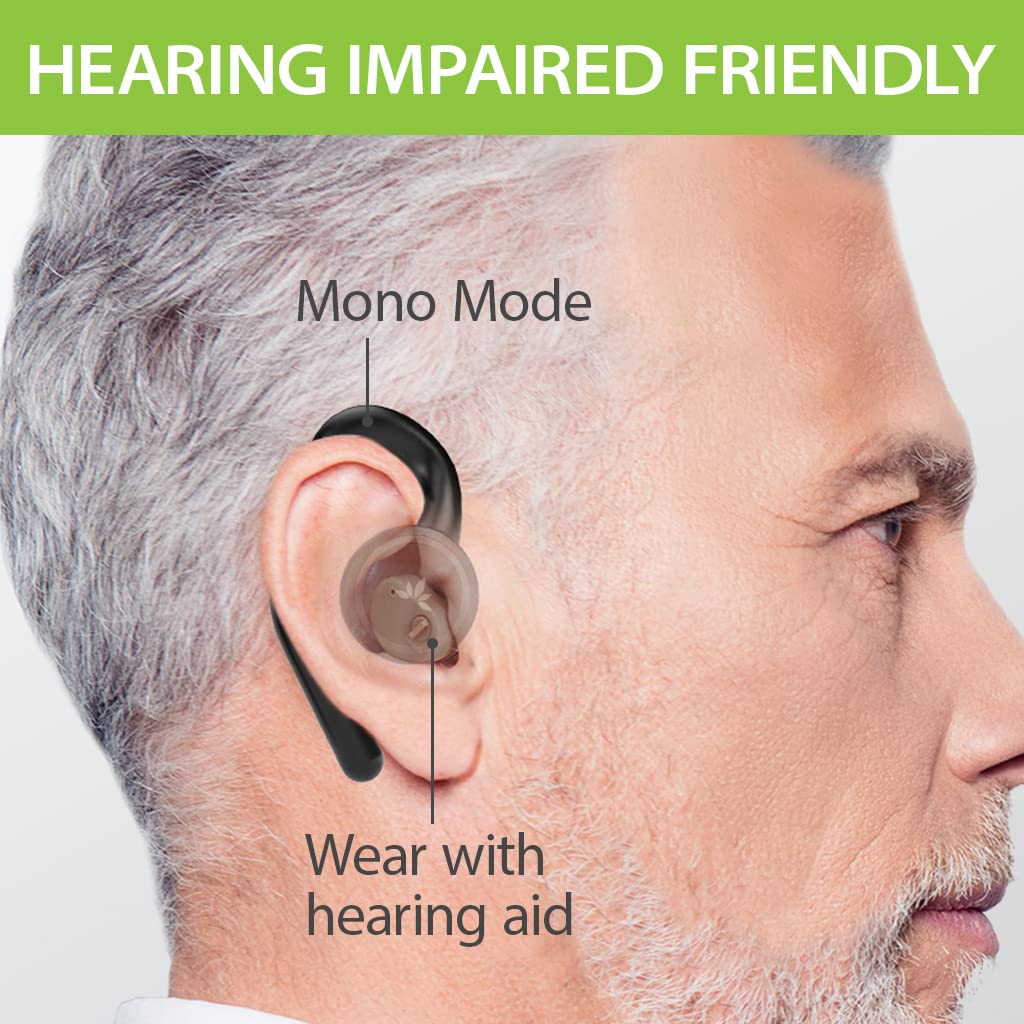 Avantree TWS116 - Wireless open-ear headphones with Bluetooth and charging station, noise cancellation, mono and stereo modes, and secure, non-adjustable ear hooks.