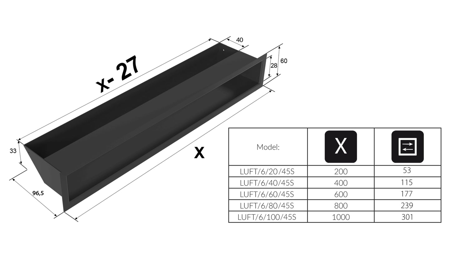 Short ventilation grille air | Warm air grille 6 x 80 cm | Black | Exhaust grille for fireplace ventilation | Air inlet at a 45-degree angle | Overheating resistant | Ideal for modern interiors.