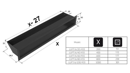 Short ventilation grille air | Warm air grille 6 x 80 cm | Black | Exhaust grille for fireplace ventilation | Air inlet at a 45-degree angle | Overheating resistant | Ideal for modern interiors.