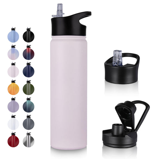 UMBFUN stainless steel water bottle - 750ml - with straw, leak-proof, suitable for carbonated drinks, BPA free thermos bottle (+2 lids) Vacuum double-wall insulation for sports, travel, camping, school, bike, gym.