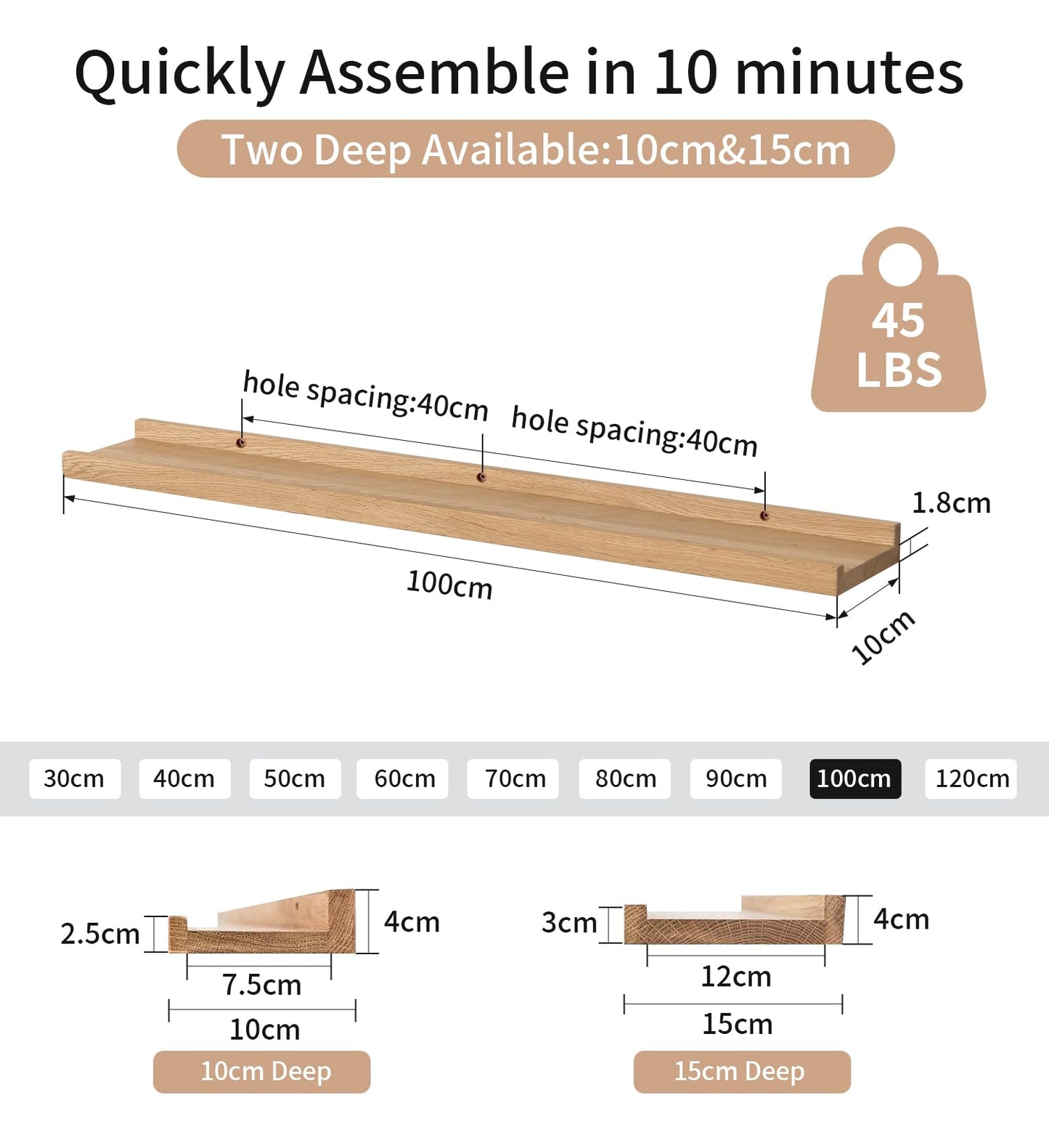 Gieanoo wooden picture rail, 100cm oak shelf solid floating wall shelf spice rack shelf board hanging shelf ideal for living room bedroom bathroom (100cmx10cm)