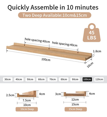 Gieanoo wooden picture rail, 100cm oak shelf solid floating wall shelf spice rack shelf board hanging shelf ideal for living room bedroom bathroom (100cmx10cm)