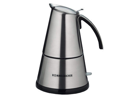 Rommelsbacher Espresso Maker EKO 366/E, electric, high quality stainless steel pot, filter insert for 3 or 6 cups, concealed heating element, 360° central base, automatic shut-off, 365 W