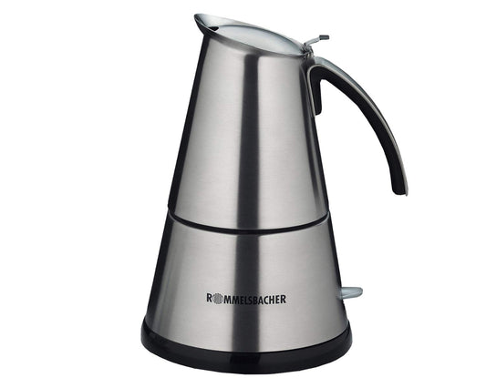 Rommelsbacher Espresso Maker EKO 366/E, electric, high quality stainless steel pot, filter insert for 3 or 6 cups, concealed heating element, 360° central base, automatic shut-off, 365 W