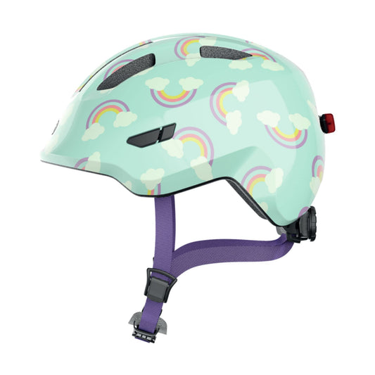 ABUS Children's Helmet Smiley 3.0 LED - bike helmet with light - deep fit & space for a ponytail - for girls and boys - Light blue with rainbow pattern, size M