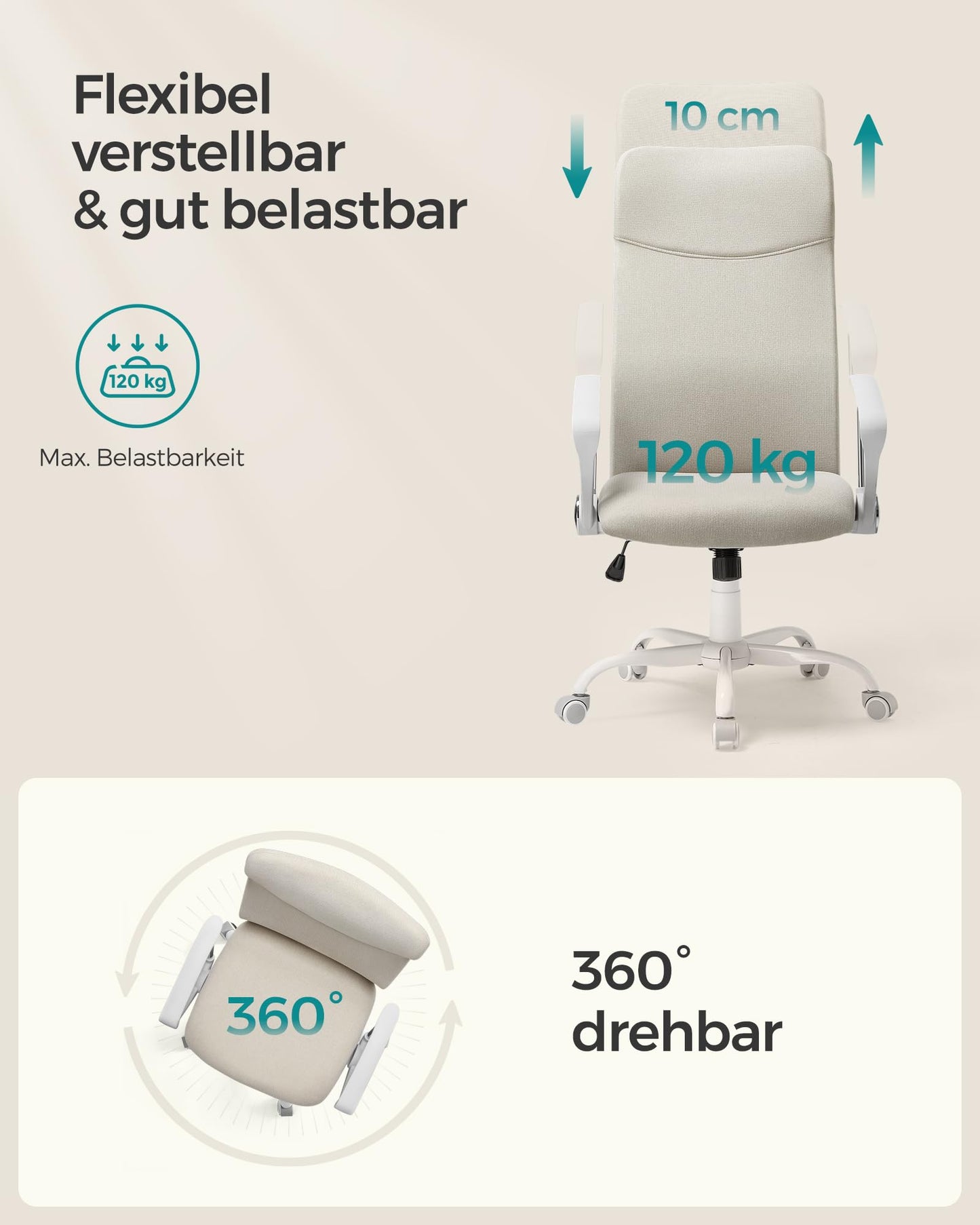 SONGMICS office chair, ergonomic desk chair, swivel chair, padded seat, height adjustable and tiltable, up to 120 kg load capacity, cappuccino beige OBN034K01
