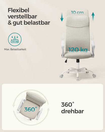 SONGMICS office chair, ergonomic desk chair, swivel chair, padded seat, height adjustable and tiltable, up to 120 kg load capacity, cappuccino beige OBN034K01