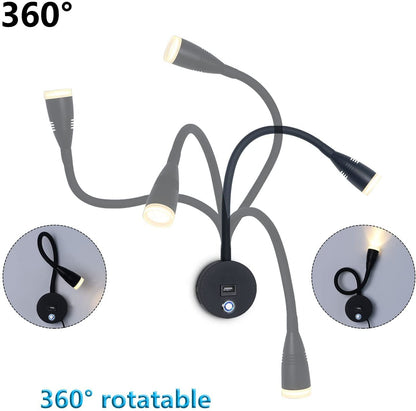 Bedside Reading Lamp Dimmable LED Wall Light with Touch Switch and USB Port, 3W Reading Light 360° Flexible Gooseneck Lamp Bedroom Bedside Lamp Bed Wall Mount Wall Light with EU Adapter