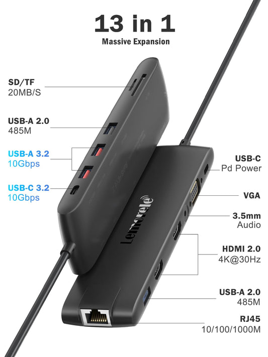 2025 upgrade Lemorele docking station USB C/A 10Gbps 3*Display- 14 in 1, USB C dock 2 HDMI adapter 4K, Ethernet, 4 USB 3.2/2.0, VGA, Type-C 3.1, PD 100W, audio, SD/TF, for Windows, MacBook