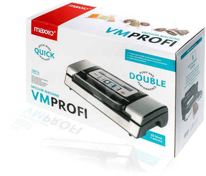 Maxxo VM Pro Professional Vacuum Sealer with double sealing seam, 20 l/min. vacuum pump, 900 mbar sealing pressure, for food vacuum sealing in stainless steel.