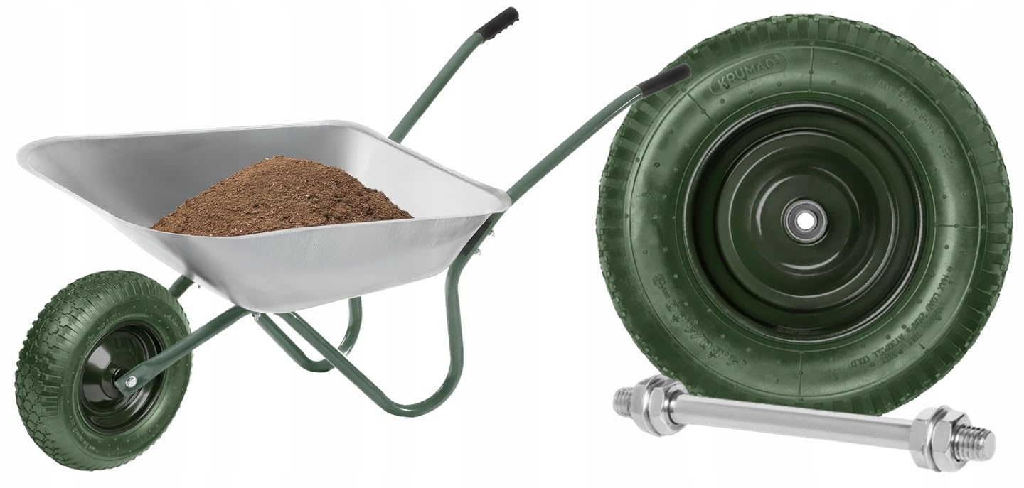 KRUMAD wheelbarrow wheel, puncture-proof, maintenance-free, steel rim, double ball bearings, includes axle, spare wheel for wheelbarrow & transport carts, 4.80/4.00-8, 200 kg load capacity, dark green (PU foam)