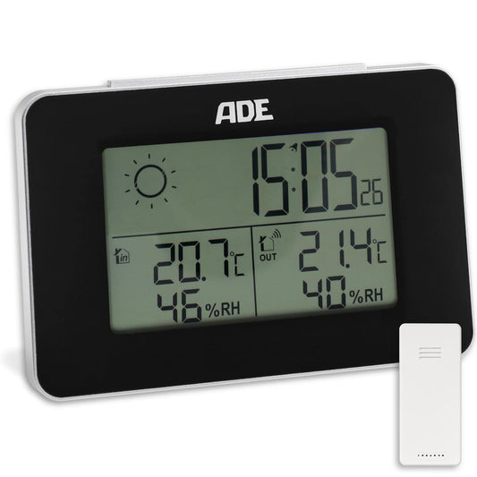 ADE Digital Weather Station with Wireless Outdoor Sensor | Indoor and Outdoor Temperature | Humidity Meter | Animated Weather Forecast | Radio Alarm Clock with Snooze Function | Black | Blue Backlight