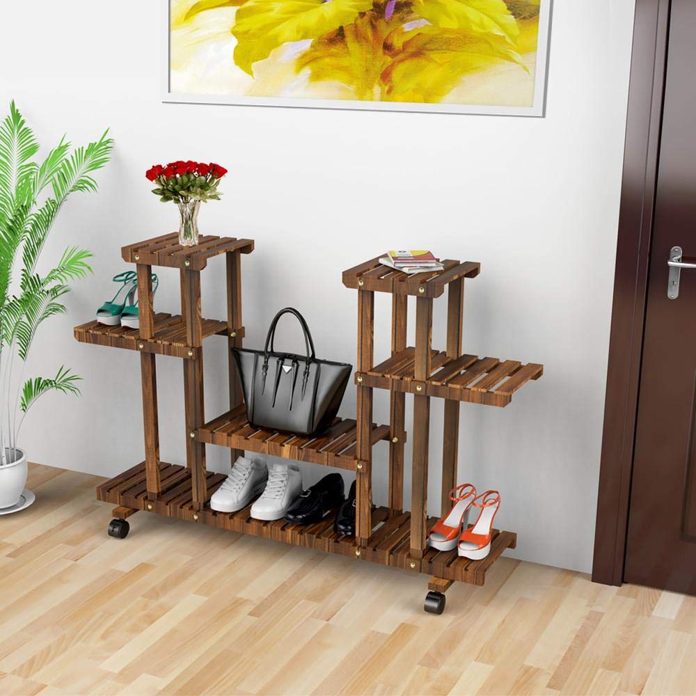 Yaheetech Plant Stand Wooden Multi Tiered Plant Shelf with Wheels Flower Rack Space Saving Balcony Indoor Decor 124 x 33 x 80cm