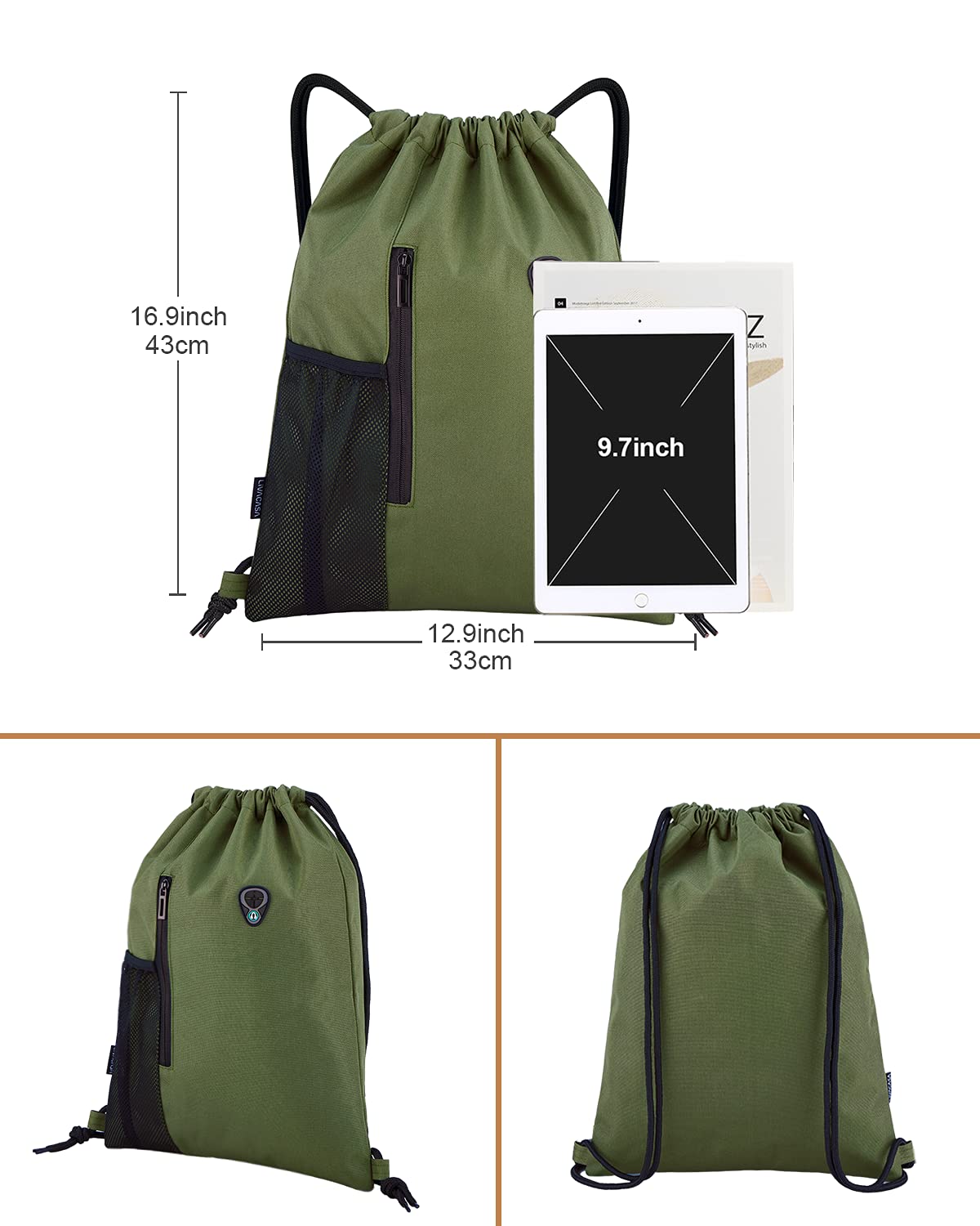 LIVACASA Drawstring Backpack with Zipper Inner Pocket, Hipster Gym Bag, Padded Backpack with Adjustable Drawstring, for Men and Women, Army Green.