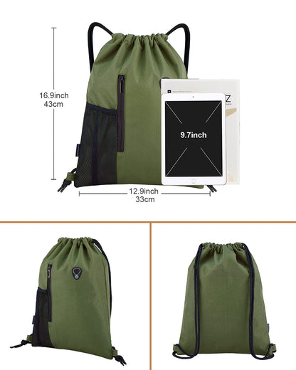 LIVACASA Drawstring Backpack with Zipper Inner Pocket, Hipster Gym Bag, Padded Backpack with Adjustable Drawstring, for Men and Women, Army Green.
