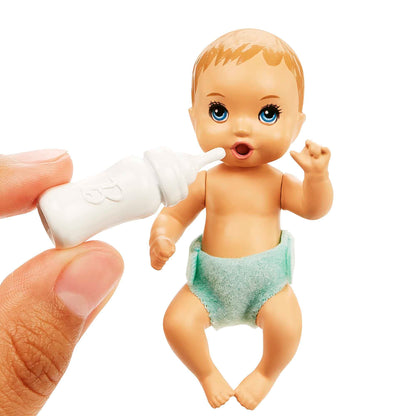 Barbie Skipper Babysitter Inc, Skipper Big Babysitting Adventure, Skipper with brown hair and baby, bottle, crib, accessories, includes 2 dolls, can be given as a gift, HJY33