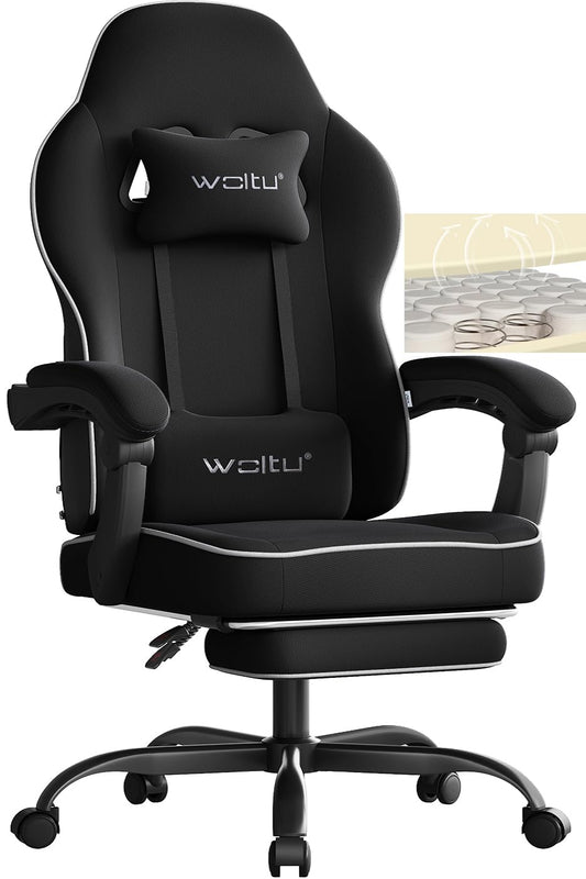 WOLTU Gaming Chair Fabric with Comfort Spring Cushion, Cooling in Summer, Gamer Chair High Load Capacity Ergonomic with Headrest, Lumbar Pillow, Footrest, Mesh Fabric, Black, GS11sz