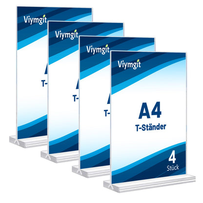 Viymgit 4 Piece Tabletop Stand DIN A4, clear T-shaped vertical Acrylic A4 Advertiser, desk stand for advertising, menu, signage.