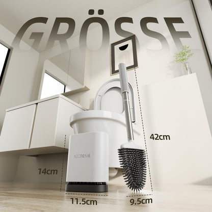 ASOBEAGE Silicone Toilet Brush: Flexible head, stainless steel handle, wall-mounted, quick-drying holder for bathroom cleaning (White)