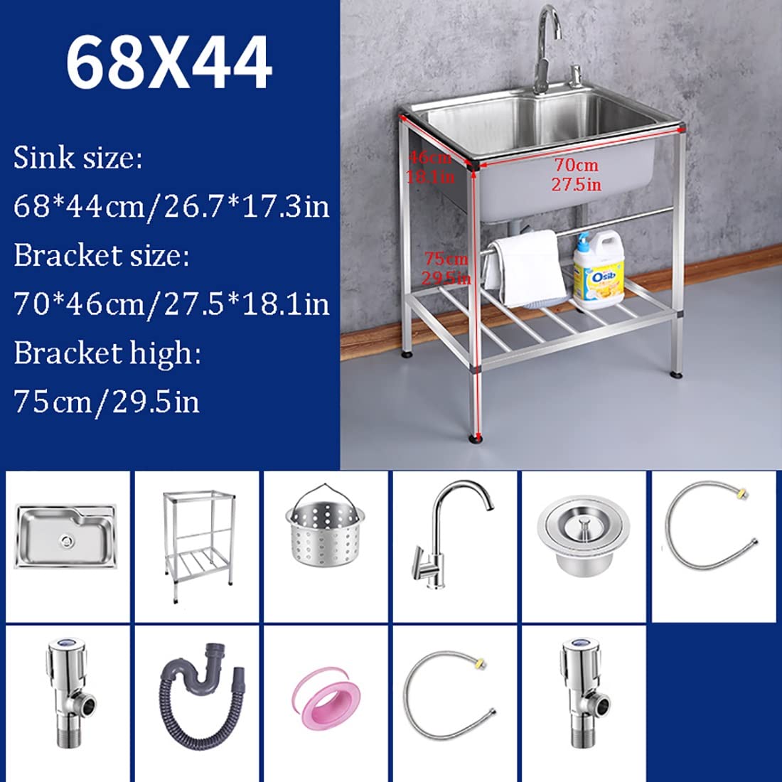 Kitchen sink stainless steel sink with stand free-standing commercial restaurant kitchen washing station hand sink with drain basket for laundry backyard garage outdoor (Color: Hot co