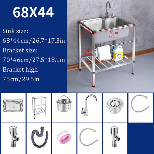Kitchen sink stainless steel sink with stand free-standing commercial restaurant kitchen washing station hand sink with drain basket for laundry backyard garage outdoor (Color: Hot co