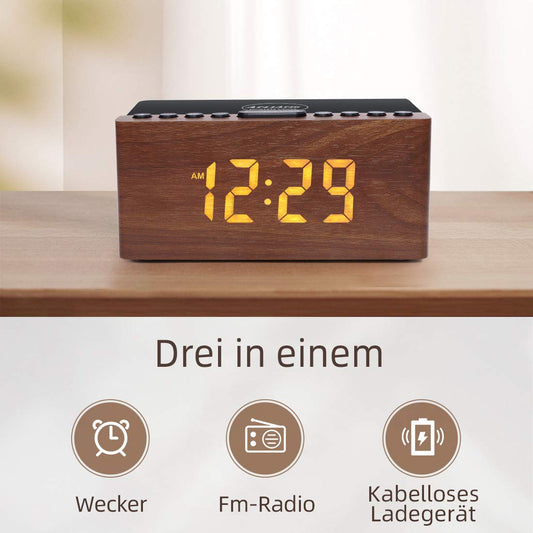 ANJANK Digital Wooden Alarm Clock with Wireless Charging Station, 10W Fast Charger for iPhone/Samsung Galaxy, LED Display with 5-Level Dimmer, USB Charging Port, Clock Radio, No Ticking