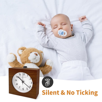 Analog alarm clock without ticking, wooden alarm clock with snooze function, battery-operated table clock with night light for bedrooms, night kids, and offices (1xAA battery required)