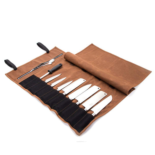 QEES Chef Knife Roll Bag 16 Oz waxed canvas waterproof zipper tool bag 15 slots kitchen gadgets small knives display storage bag gift for dad husband