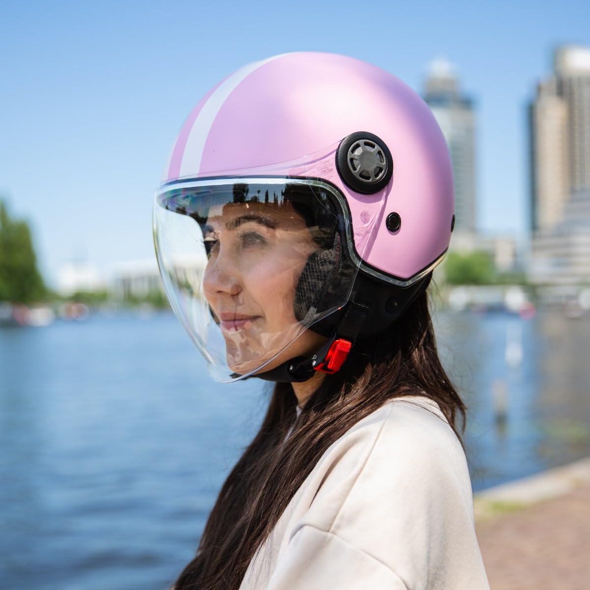 VINZ Parchi Jet Helmet with Double Visor | Scooter Helmet Fashion Helmet with Stripes | Available in sizes XS-XXL | Jet Helmet with Sun Visor | ECE 22.06 Certified | Motorcycle Helmet with Visor - Pink