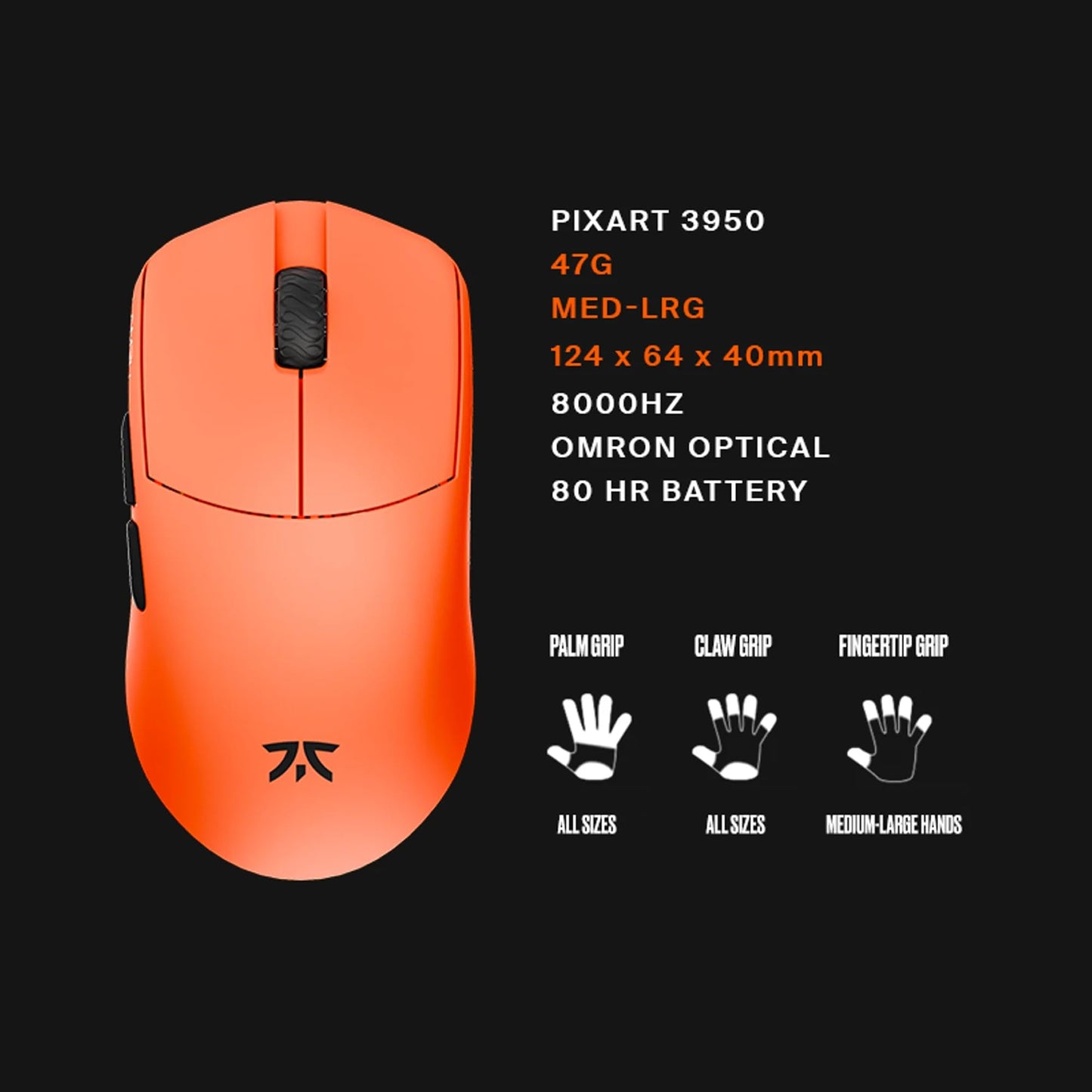Fnatic x Lamzu Maya X 8K Medium-Large Wireless Pro Gaming Mouse Special Edition, Pixart 3950 sensor, light 47g, up to 80h battery life/1kHz polling rate, optical switches, Windows & Mac compatible.
