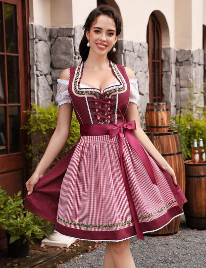 Clearlove dirndl for women midi 3-piece traditional costume for women, traditional skirt, traditional fashion dress, dirndl blouse for Oktoberfest (wine red, size 36)