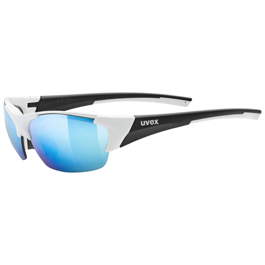 uvex blaze III - Sports glasses for women and men - including interchangeable lenses in filter categories 0, 1, and 3 - pressure-free fit & perfect grip - white black matte/mirror blue - one size