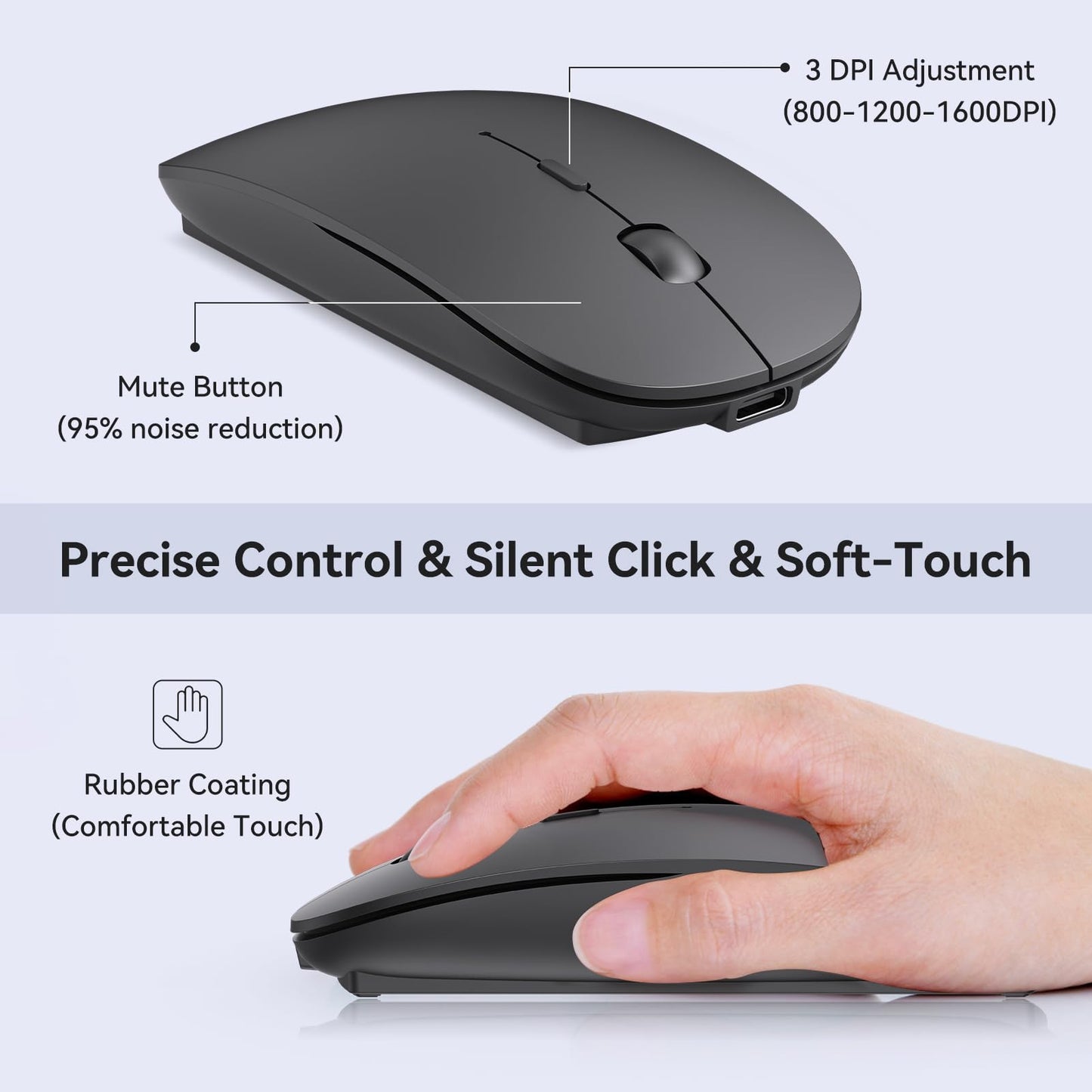 RaceGT Wireless Mouse USB-C & USB-A, Rechargeable Mouse 2.4GHz Silent click 3 Adjustable DPI levels with 4 buttons, with ON/OFF switch for Computer Laptop PC Macbook Pro/Air Chromebook