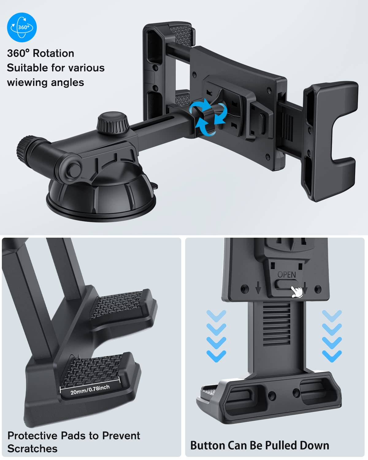 XWXELEC Tablet Holder for Car, iPad Holder for Car, Universal Windshield and Dashboard Mount, 360° Rotating Adjustable, Stable and Washable TPU Suction Cup, for 7"-12.9" Tablet Holder