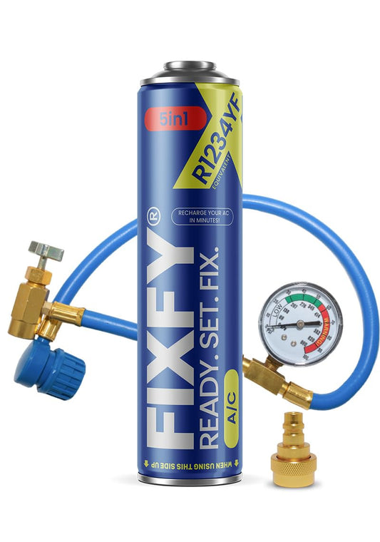FIXFY 5in1 - Air conditioning self-refill kit for vehicles from 2017 | Replacement refrigerant R1234YF with oil, sealant, drying agent & UV dye, including hose with gauge & adapter