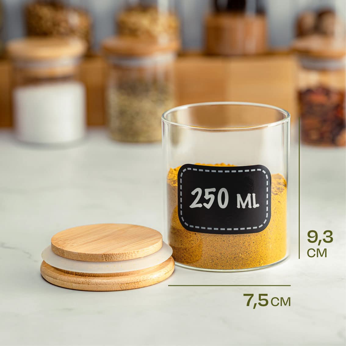 Spice Jars Large - 8 piece set 250ml - with Labels for Customization - Airtight - Dishwasher Safe - Kitchen Organization - for Spices, Herbs & Tea (8x 250ml)