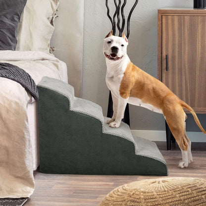 A.FATI Dog Stairs Bed, 4 Steps Dog Ramp made of high-density foam for Couch|Sofa|, Non-slip Pet Stairs 50cm High for Small Dogs - with Dog Toy Rope (gray)