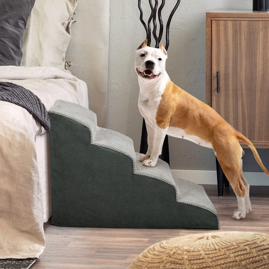 A.FATI Dog Stairs Bed, 4 Steps Dog Ramp made of high-density foam for Couch|Sofa|, Non-slip Pet Stairs 50cm High for Small Dogs - with Dog Toy Rope (gray)