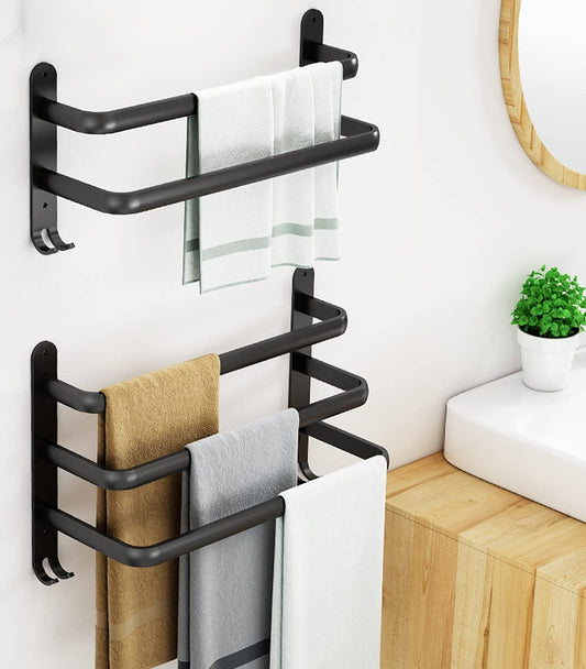 Bathroom towel holder, black matte towel rack with towel rods and hook design, wall-mounted towel holder, no drilling required (40cm, two bars)