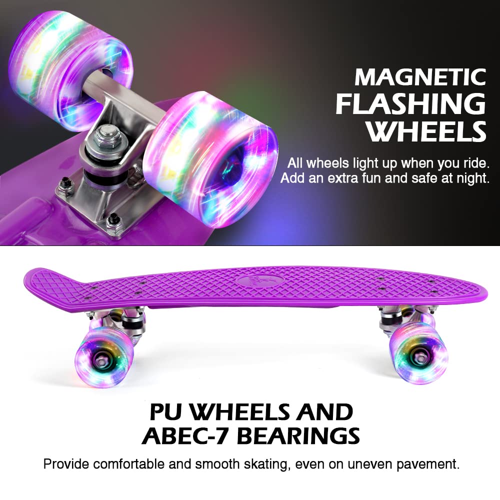 BELEEV Kids Skateboard 22 Inch with LED Light Up Wheels, Complete Mini Cruiser Skateboard for Kids Teenagers Adults, LED Light Up Wheels with All-in-one Skate T-Tool for Beginners