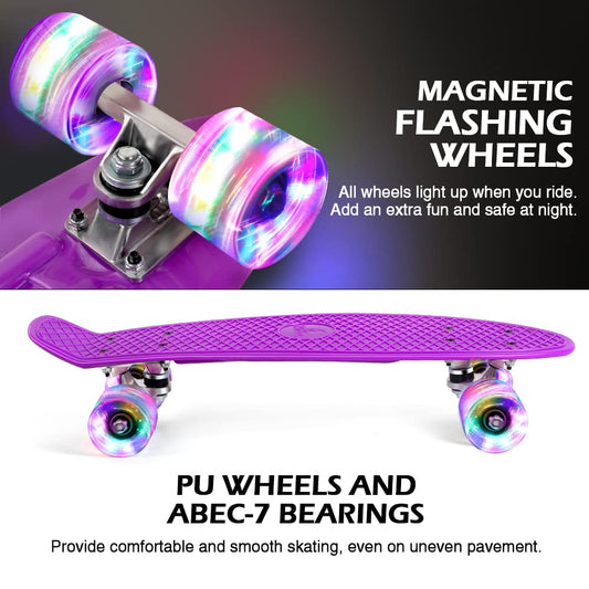 BELEEV Kids Skateboard 22 Inch with LED Light Up Wheels, Complete Mini Cruiser Skateboard for Kids Teenagers Adults, LED Light Up Wheels with All-in-one Skate T-Tool for Beginners