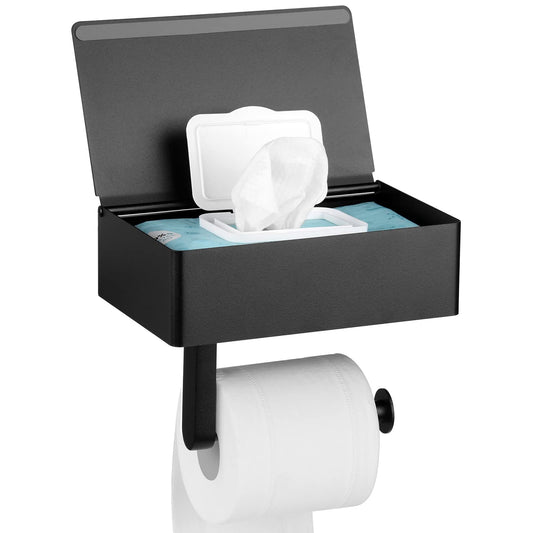 MVKV toilet paper holder with wet wipes box, matte black toilet paper holder with shelf, no drilling required, wall-mounted 304 stainless steel toilet roll holder with storage for bathroom.