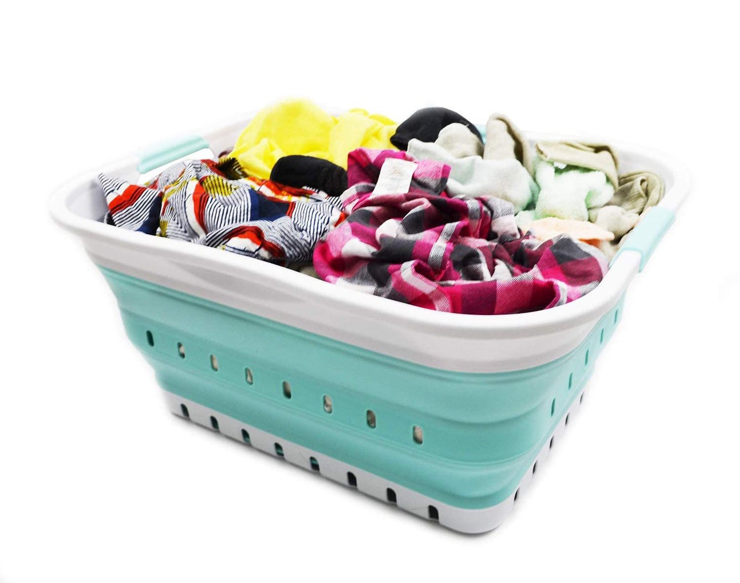 SAMMART 42L Collapsible Plastic Laundry Basket - Foldable Pop Up Storage Container/Organizer - Space Saving Hamper/Basket (White/Lake Green, 1)