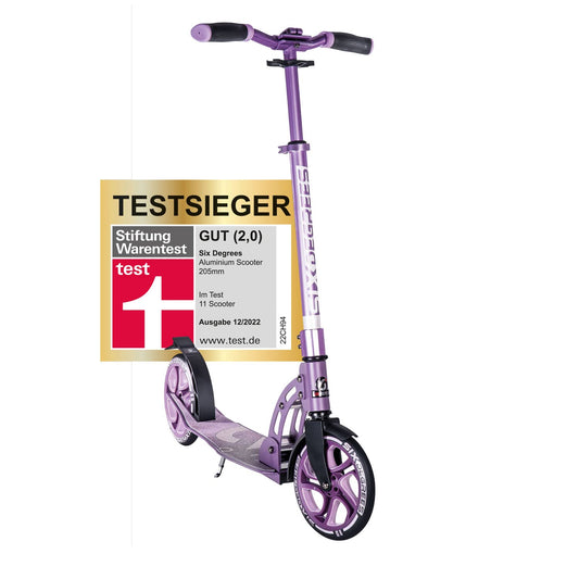 Six Degrees aluminum scooter with folding mechanism and stand, 205mm, adjustable height, GS approved, purple, TEST WINNER