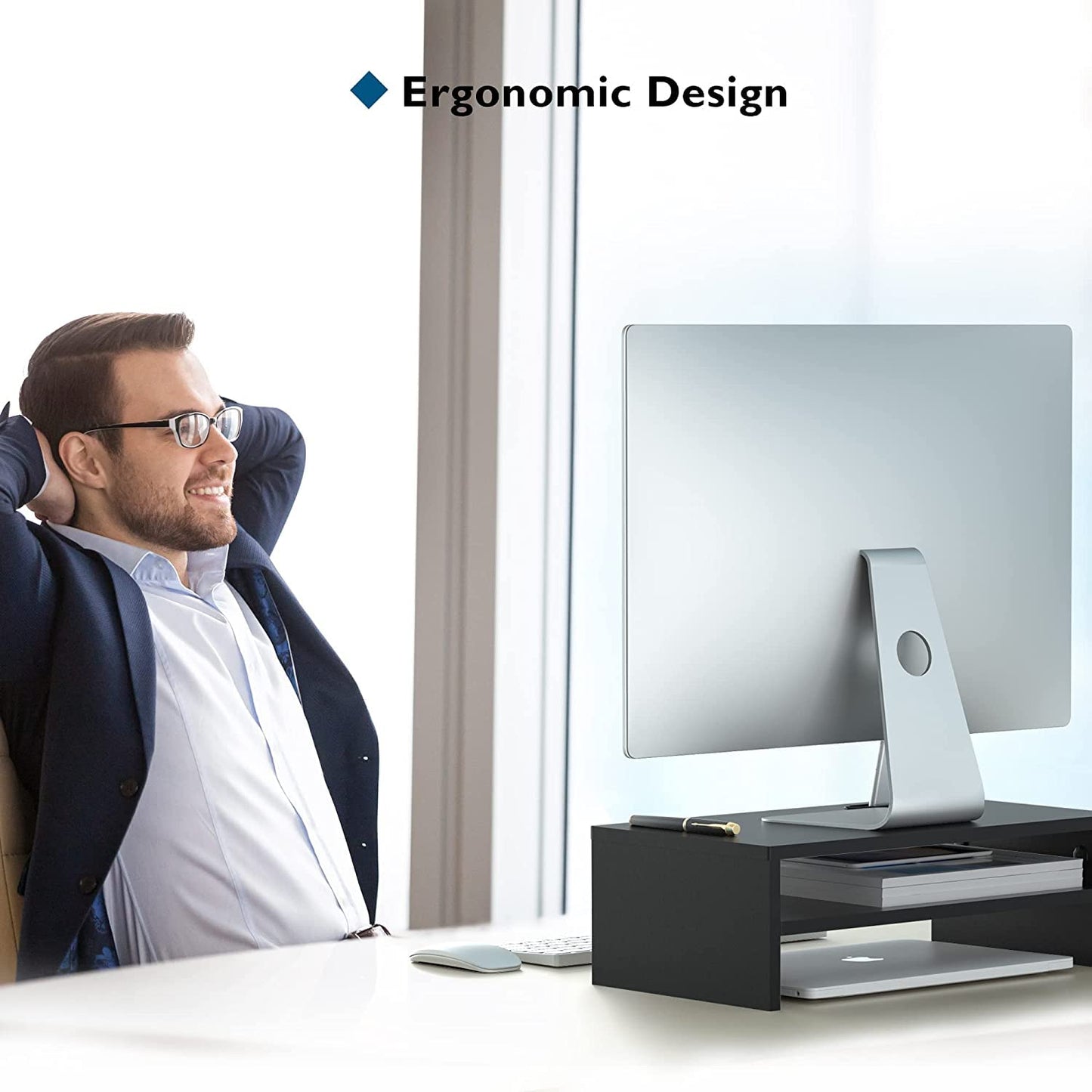 BONTEC Monitor Stand, Desktop Screen Stand, PC Screen Stand with Phone Holder, Ergonomic Laptop Printer Stand with Cable Management for Laptop, Computer, Notebook, iMac, PC, 42CM, Black